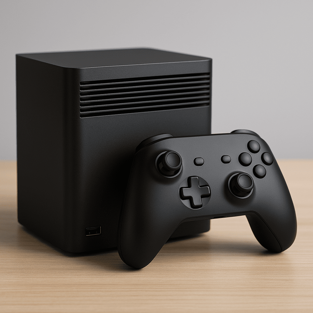 Moderne neutrale Gaming-Konsole mit Controller, geeignet zur Darstellung der neuen Steam Konsole 2026