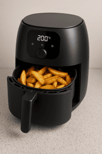 Airfryer Vorteile und Nachteile – digitale Illustration einer modernen Heißluftfritteuse in der Küche