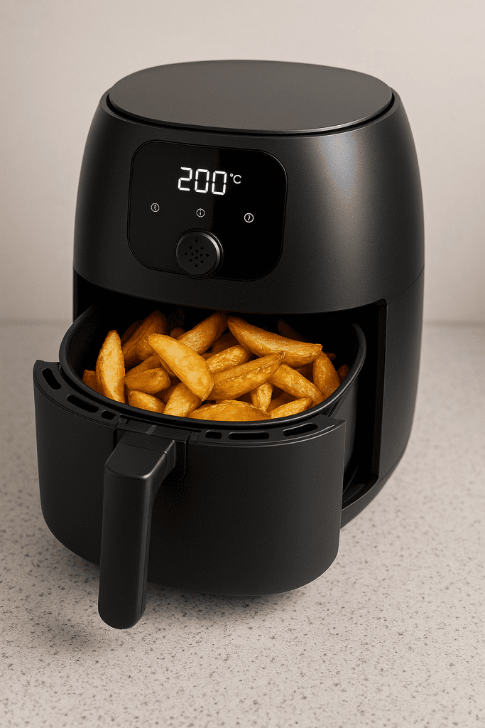 Airfryer Vorteile und Nachteile – digitale Illustration einer modernen Heißluftfritteuse in der Küche