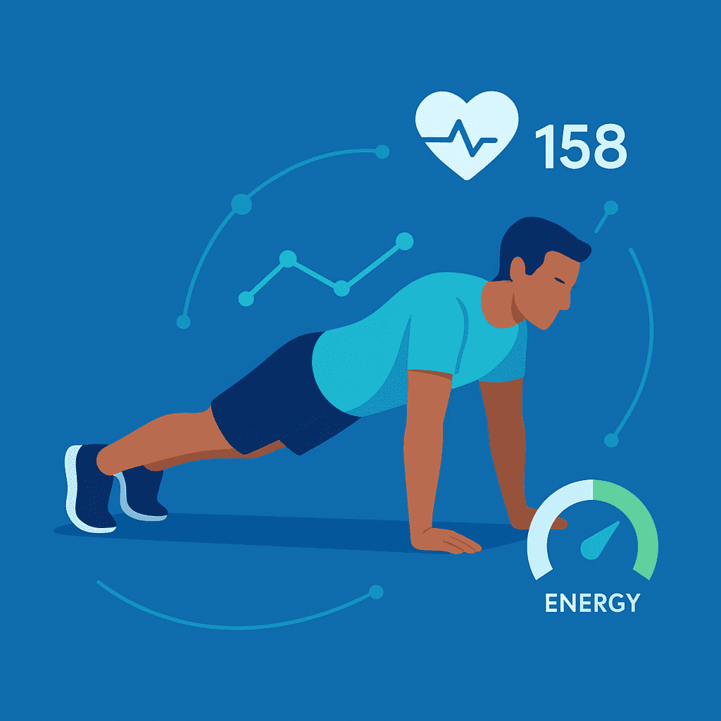 Fitness 2.0 – Illustration einer Person beim Training mit digitalen Daten-Overlays, Symbolbild für smarte Fitness und Technologie.