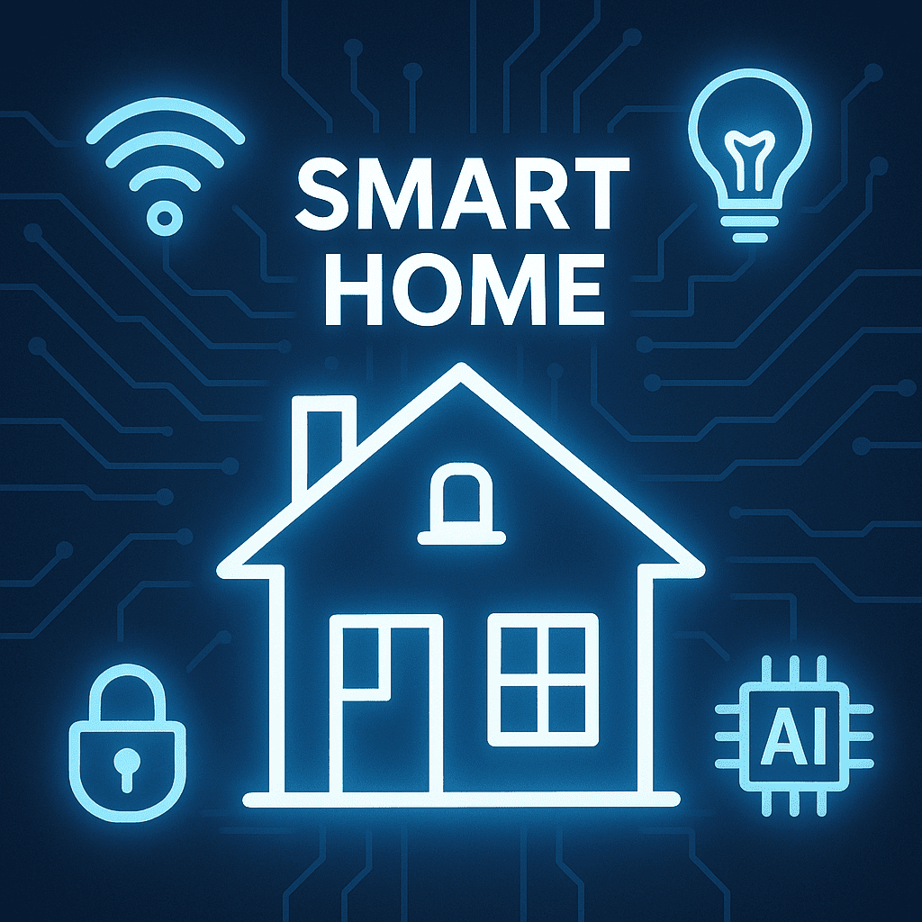 Smart Home im Alltag – digitales Haus mit vernetzter Technik und Sicherheitssymbolen, Symbolbild für smarte Geräte 2025.
